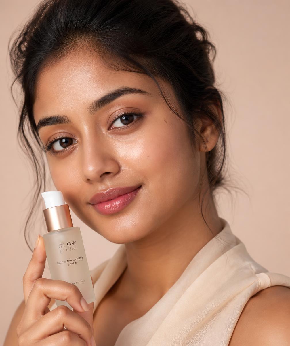 উজ্জ্বল ত্বকের মডেল সিরাম হাতে